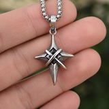 Vintage North Star Men Stainless Steel Necklace, Wrapped Cross Black CZ 4‑Point Star Pendant With Box Chain