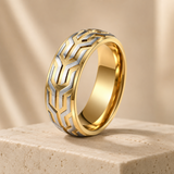 Two-Tone Tire Tread Pattern Mens Stainless Steel Band Ring