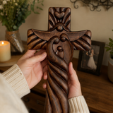 Holy Family wood icon decoration, Joseph, Mary, Baby Jesus, carved wooden cross, wall decoration