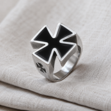 3D Raised Black Enamel Maltese Cross Stainless Steel Mens Ring