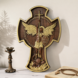 Hand-Carved Beechwood Archangel Michael Wall Cross – Quis Ut Deus Christian Home Decor