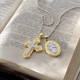 Two Charms Necklace, Iced Cross & Miraculous Medal Pendant, 316L Stainless Steel Religious Ball Chain Jewelry