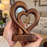 Handcrafted Beechwood Two Hearts One Covenant Cross Sculpture – Christian Wedding & Anniversary Gift