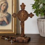 Hand-Carved Beechwood Saint Benedict Crucifix – Double-Sided Christian Standing Cross