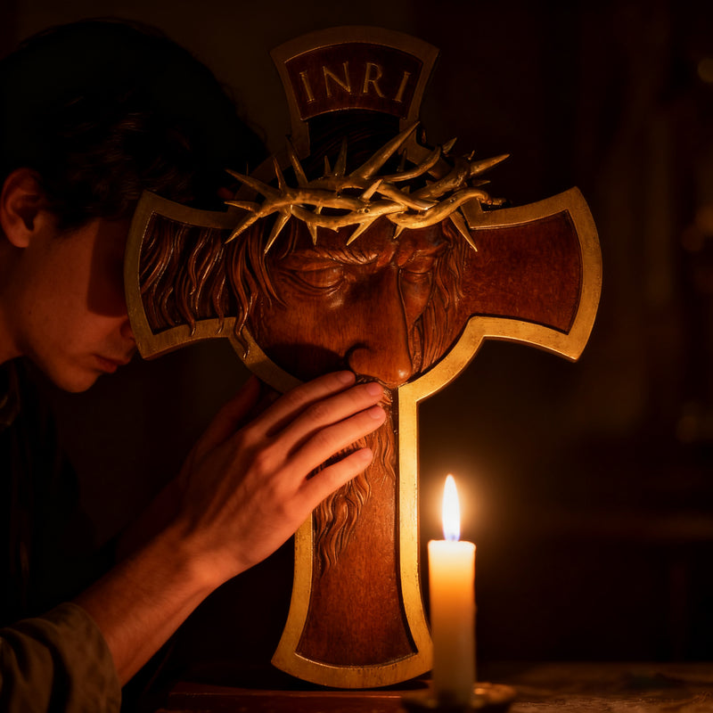 Sacred Thorn Crown Wooden Cross ✝️ | Hand-Carved Beechwood Crucifix with Crown of Thorns
