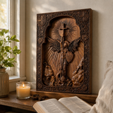 Archangel Michael Square Wooden Icon Religious Gifts - Best Wood Carving Wall Decor