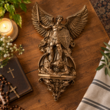 St. Michael the Archangel Battery-Powered Wall Lamp — Antique Bronze Resin Christian Home Decor