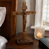 Hand-Carved Beechwood Crucifixion of Jesus Standing Cross – Christian Prayer & Home Altar Decor
