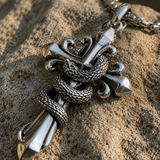S925 Silver Serpent Cross Pendant Necklace with Green Gemstone