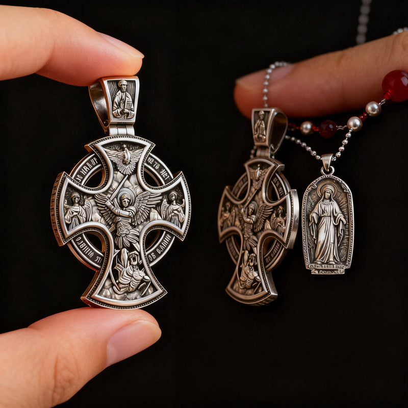 Double Sided 925 Sterling Silver Religious Pendant - Crucifixion of Christ & St. Michael Medal - Choose from 5 Chain Styles - Free Polishing Cloth
