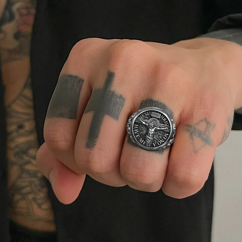 S925K Silver Jesus Crucifixion St. Benedict Medal Ring - BGCOPPER