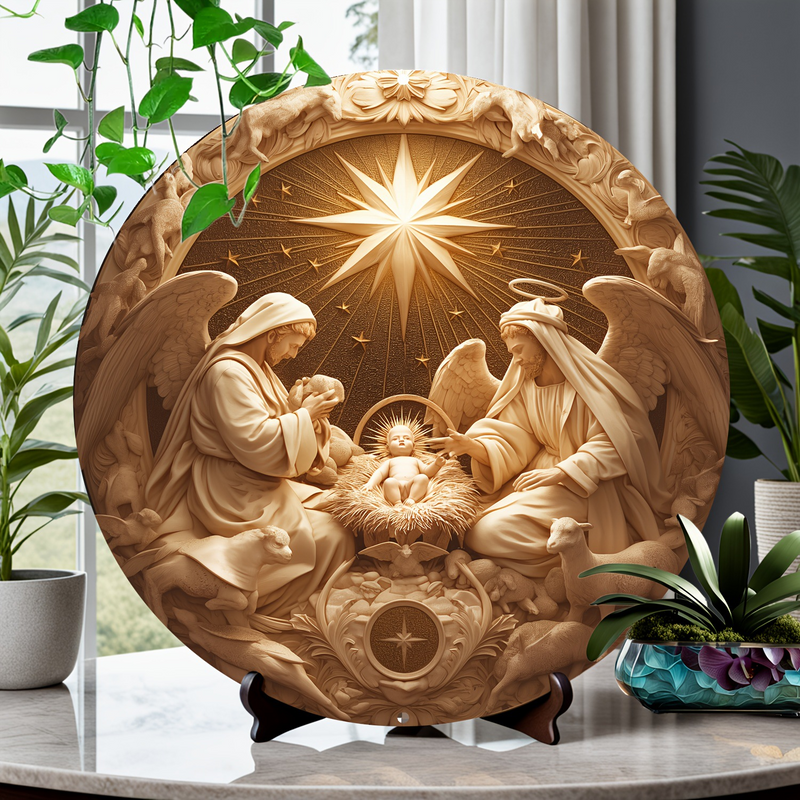 Christian Holy Family Relief Decorative Plaque - 8 Inch / 12 Inch Aluminum Waterproof Religious Wall Art (with Mounting Accessories)