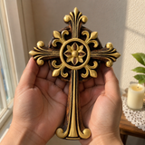 Hand-Carved Beechwood Ornate Cross – Gold Accented Christian Wall Cross