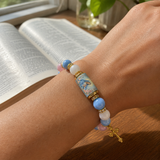 Chalcedony Cross Beaded Bracelet, Vintage Religious Printed Tube Bead Faith Jewelry for Women