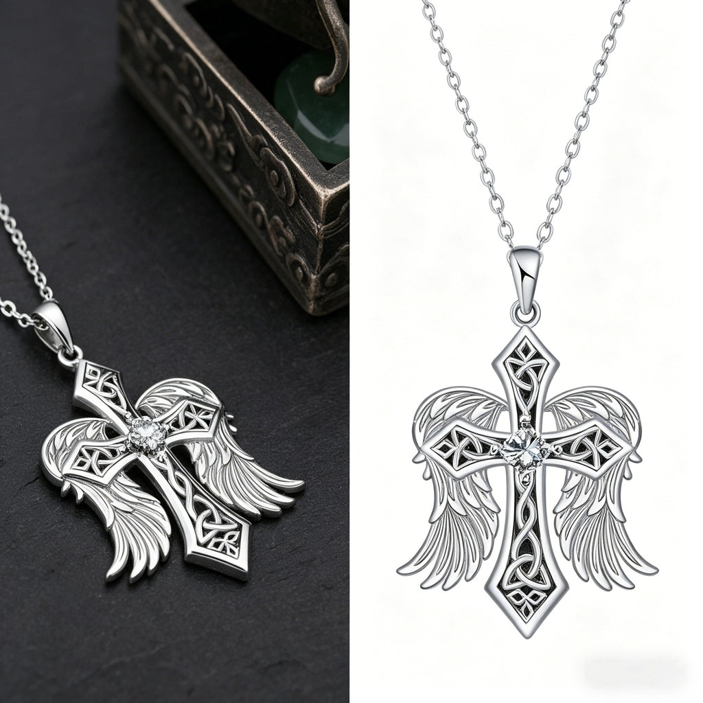 Cross Faith Protection Celtic Knot Winged Cross Necklace – Faith, Protection & Angelic Grace ...