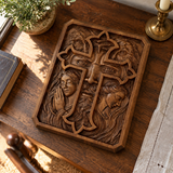Lion of Judah Holy Cross – Hand-Carved Wooden Christian Wall Plaque