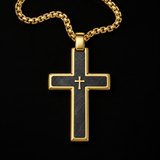 Two-Tone Bevel Edge Carbon Fiber Textured Inlaid Tiny Cross Stainless Steel Necklace