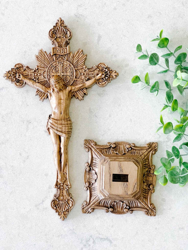 Wood carving of the Cross of the Order of Saint Benedict - with base