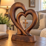 Handcrafted Beechwood Two Hearts One Covenant Cross Sculpture – Christian Wedding & Anniversary Gift