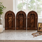 Holy Family Jesus Mary Joseph Arched Wooden Statue Set Tabletop Display