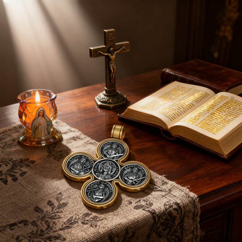 Baroque Style Crucifix Pendant with Jesus and the Four Archangels – A Symbol of Faith and Divine Protection