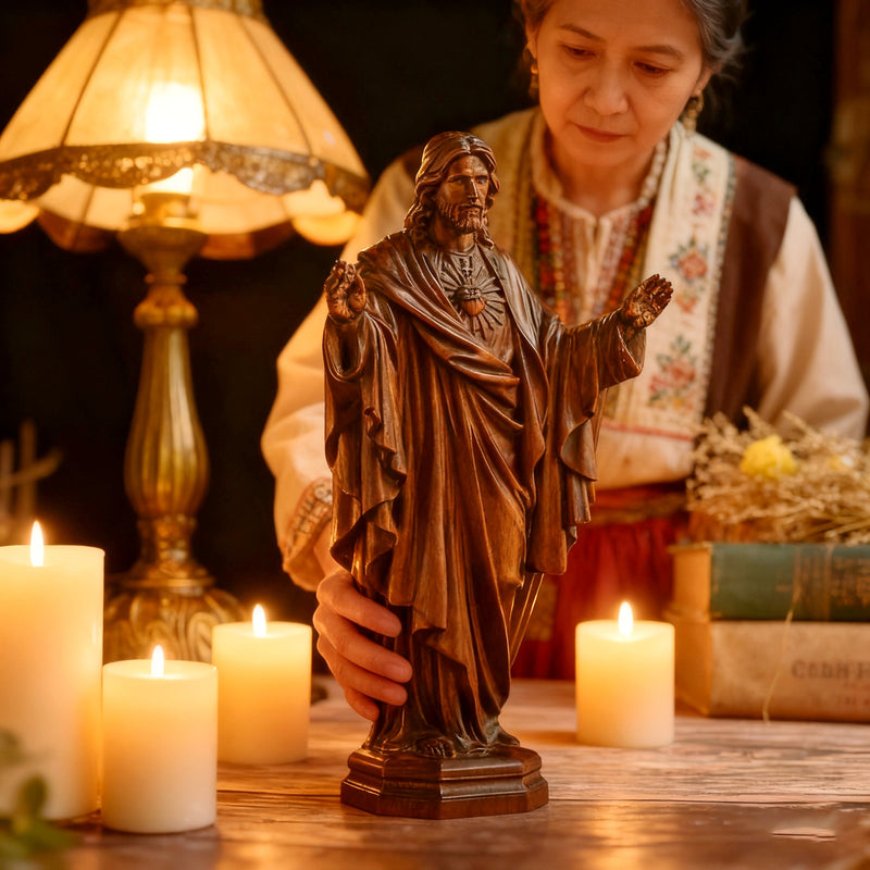 Hand Carved Sacred Heart of Jesus Virgin Mary Wooden Tabletop Ornament