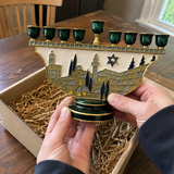 Jerusalem Skyline Hanukkah Menorah – Cloisonné Enamel Judaica Candle Holder