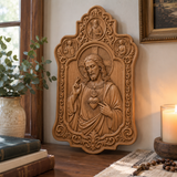 Sacred Heart of Jesus Hand-Carved Beechwood Plaque – Catholic Prayer, Home Blessing & Faith Gift