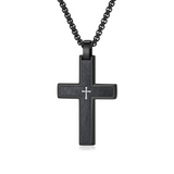 Two-Tone Bevel Edge Carbon Fiber Textured Inlaid Tiny Cross Stainless Steel Necklace