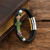 English Product Description for 21cm Stone Cross Leather Bracelet