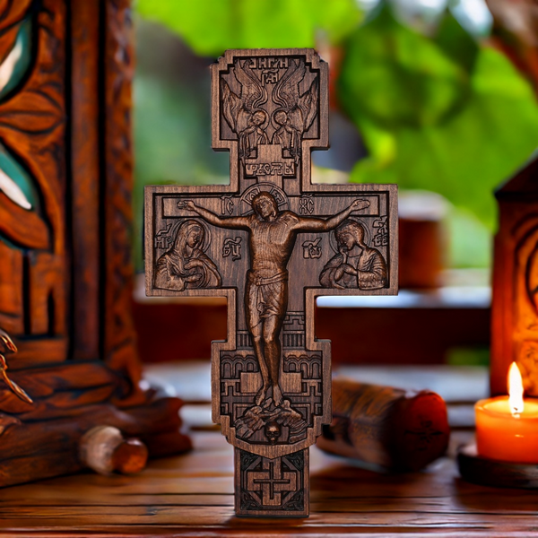 Eastern Orthodox Crucifixion Cross Wall Decor - Faith & Redemption Theme Wooden Carved Wall Hanging