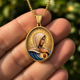 Enamel Immaculate Heart Virgin Mary Oval Gold Stainless Steel Necklace