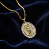 Oval Baguette Cubic Zirconia Saint Jude Medal Necklace, Gold Plated Brass St. Jude Pendant Religious Jewelry