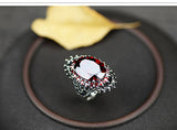 Vintage Thai Silver Large Gemstone Ring Red Pomegranate Jewelry Exaggerated Black Mine Ring