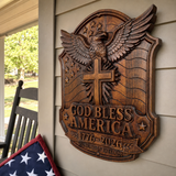 God Bless America Wooden Wall Plaque – Hand-Carved Beechwood Eagle Cross Decor, 1776–2026 250th Anniversary