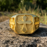 Triple Sides Embossed Cross Hammered Texture Stainless Steel Men’s Signet Ring