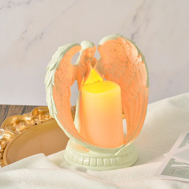 Angel Candle Holder with LED Candle, Battery-Powered, Angel Memorial Gifts, Angel Wing Praying Statue for Home Decoration