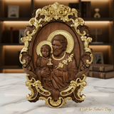 大理石背景圣若瑟与圣婴耶稣木雕