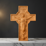 大理石背景耶稣升天木雕十字架