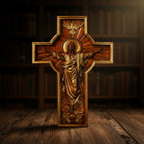 古朴木质背景耶稣升天木雕十字架