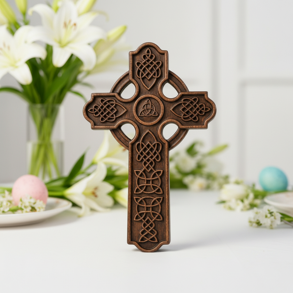 Solid Beechwood Celtic Cross - Hand-Carved Christian Wall Cross