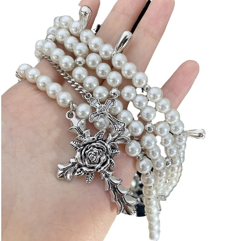 Multi-layer cross pearl necklace