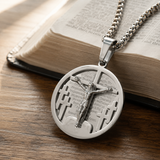3D Crucifixion Lord’s Prayer Engraved Medallion Pendant Necklace