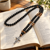 Black Stone & Wood Bead Crucifix Rosary Necklace – 70cm Christian Prayer Rosary