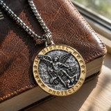 Two-Tone St. Michael Archangel Protection Medal Stainless Steel Necklace - size and finish detail