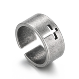 Vintage Antiqued Open-Band Cross Cutout Stainless Steel Ring