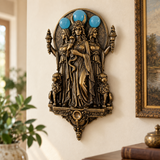 Triple Hecate Wall Sculpture – Antique Bronze Goddess Decor with Blue Orb Accents
