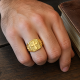 Triple Sides Embossed Cross Hammered Texture Stainless Steel Men’s Signet Ring