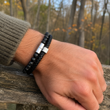 Dual Layer Braided Leather Cross Stainless Steel Men's Bracelet