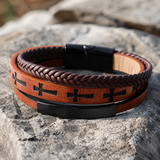 Multi‑Layer Braided Cross Printed Men Leather Bracelet, Vintage PU Leather Magnetic Clasp Religious Wrist Jewelry